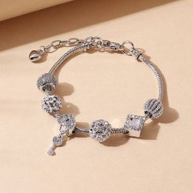 Key Shape Beaded Charm Bracelet Flower & Star Shape Pattern In Lantern Beads Snake Chain Bracelet (Color: Silvery)