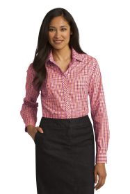 Port Authority Ladies Long Sleeve Gingham Easy Care Shirt L654 (Color: Tangerine/ Pink, size: XL)